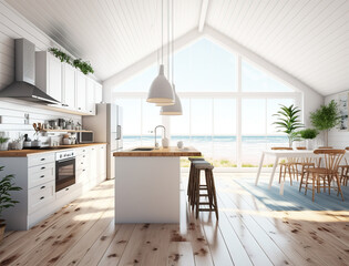 Illustration of a modern bright kitchen on a beach villa, created with Generative AI technology