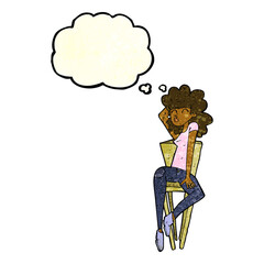 cartoon woman posing on chair with thought bubble