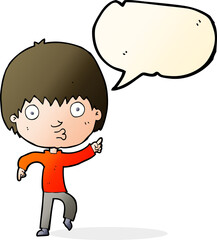 cartoon impressed boy pointing with speech bubble