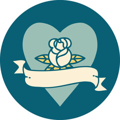 tattoo style icon of a heart rose and banner