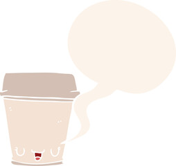 cartoon coffee cup and speech bubble in retro style