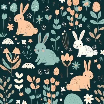Many of the Easter bunnies. Beautiful colorful illustration. Generative AI