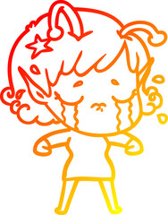 warm gradient line drawing cartoon crying alien girl