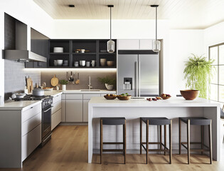 Illustration of a modern bright kitchen with white and black elements, created with Generative AI technology