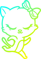 cold gradient line drawing cute cartoon cat with bow running