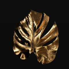 Monstera plant tropical leaf gold texture, 3d rendering