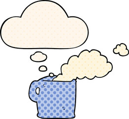 cartoon hot coffee and thought bubble in comic book style