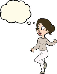 cartoon friendly woman waving with thought bubble