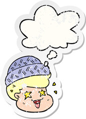 cartoon boy wearing hat and thought bubble as a distressed worn sticker