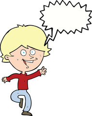 cartoon happy waving boy with speech bubble