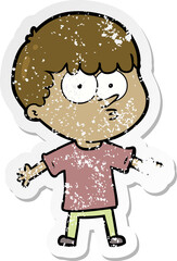 distressed sticker of a cartoon curious boy