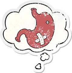 cartoon stomach and thought bubble as a distressed worn sticker