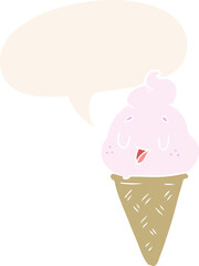 cute cartoon ice cream and speech bubble in retro style