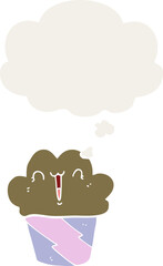 cartoon cupcake with face and thought bubble in retro style
