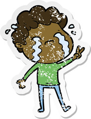 distressed sticker of a cartoon man crying