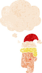 cartoon man wearing christmas hat and thought bubble in retro textured style