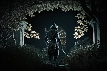 Medieval Fantasy | A deadly assassin stalking through a moonlit garden, ready to strike at any moment. Ai .