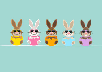 Karte 5 Osterhasen Sonnenbrille In Eierschale Sitzend Türkis