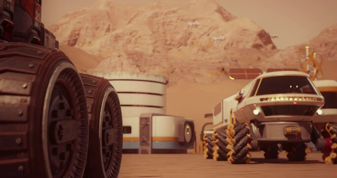 Futuristic Spaceship Landing on Mars Base. 3D Rendering