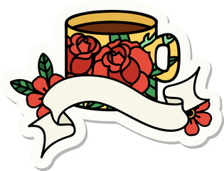 tattoo sticker with banner of a cup and flowers
