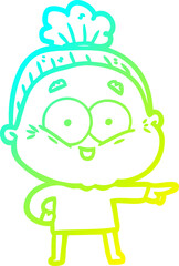 cold gradient line drawing cartoon happy old woman