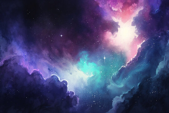 グラデーション背景素材,輝く銀河,美しい雲,ジェネレーティブ,水彩風イラスト