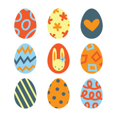 Easter eggs set with decoration and ornament. Springtime holiday symbols colorful collection in vintage retro style. Bunny, eggs, lamb, chicken, hunt basket, flowers abstract graphic modern flat.