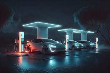A futuristic electric car standing and connected to a charging station, Generative AI