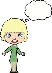 cartoon happy woman with thought bubble