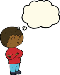 cartoon boy with folded arms with thought bubble