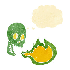 cartoon fire breathing skull with thought bubble