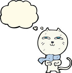 cartoon funny cat wearing scarf with thought bubble