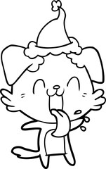line drawing of a panting dog wearing santa hat