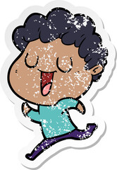 distressed sticker of a laughing cartoon man running