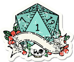 natural one d20 dice roll grunge sticker