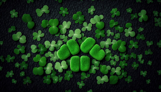 Top view photo of St. Patrick's Day background with shamrock, lucky clover leaves and texture, generative AI
