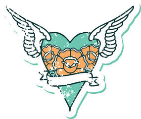 distressed sticker tattoo style icon of a heart with wings and banner