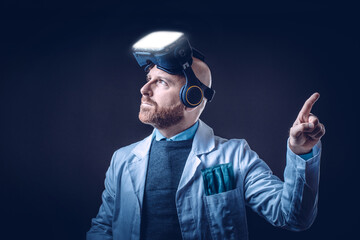 Photo of male doctor with 3d glasses with black background and medical white coat