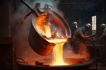 large ladle heated in fire at foundry double exposure, created with generative ai