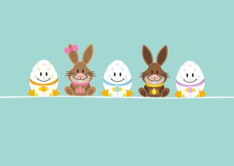 Sitzende Osterhasen Junge & Mädchen Mit 3 Ostereiern Karte Türkis