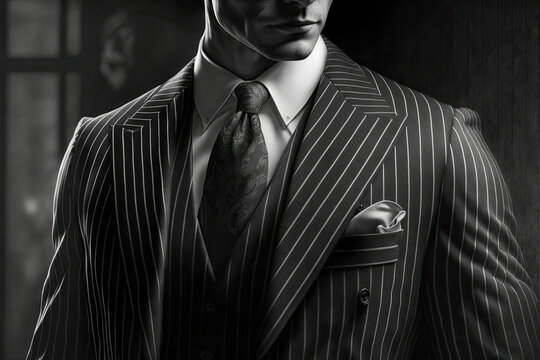 upper body of businessman in pinstripe suit with stylish tie
