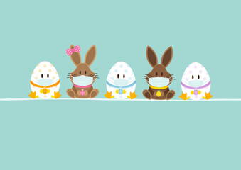 Sitzende Osterhasen Junge & Mädchen Mit 3 Ostereiern Maske Karte Türkis