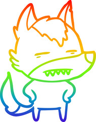 Obraz premium rainbow gradient line drawing cartoon wolf showing teeth