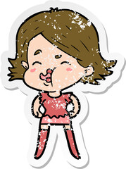 distressed sticker of a cartoon girl pulling face