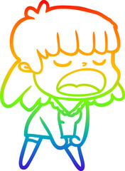 rainbow gradient line drawing cartoon woman talking loudly