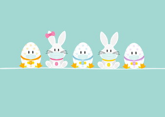 Sitzende Weiße Osterhasen Junge & Mädchen Mit 3 Ostereiern Maske Karte Türkis