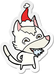 sticker cartoon of a hungry wolf wearing santa hat
