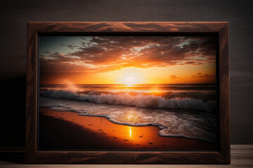 picture framed in dark wood shows the sunset over a sea, waves crashing on the sandy beach created with Generative AI technology