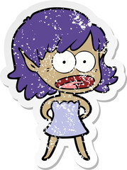 distressed sticker of a cartoon shocked elf girl