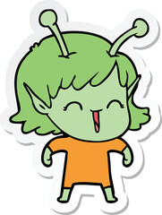 sticker of a cartoon alien girl laughing